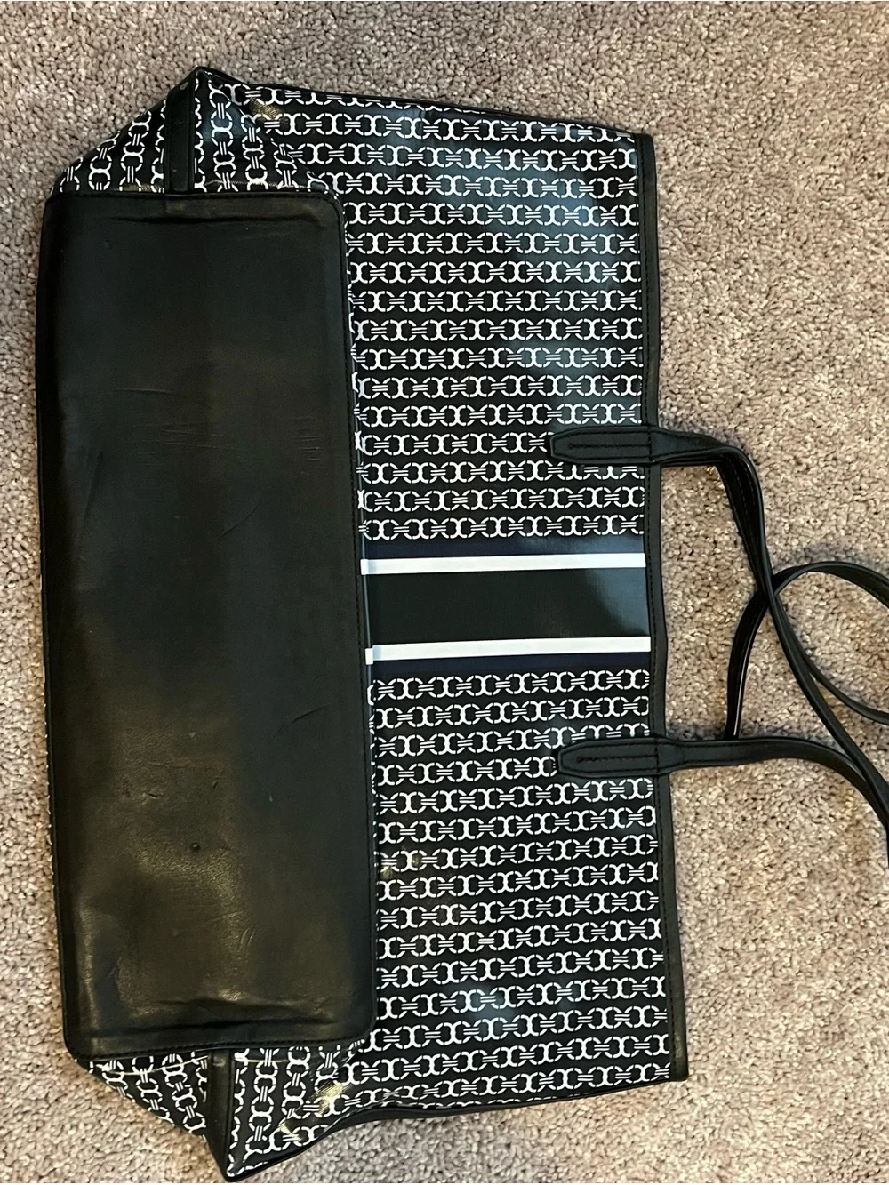 Tory Burch Black Logo-Print Patent Stripe Tote